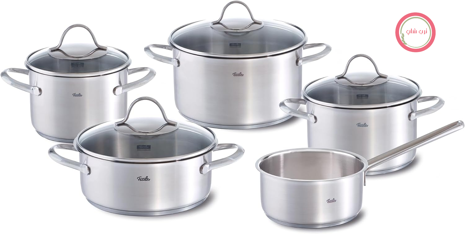 سرویس قابلمه ۵ پارچه فیسلر آلمان Fissler Palermo Edelstahl پالرمو شامل درب شیشه‌ای (۳ قابلمه، ۱ تابه کباب‌پزی، ۱ قابلمه کوچک) القایی